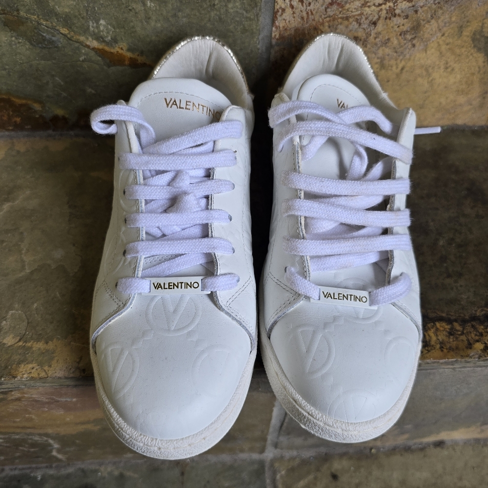 Valentino White Leather Logo-Embossed Sneakers